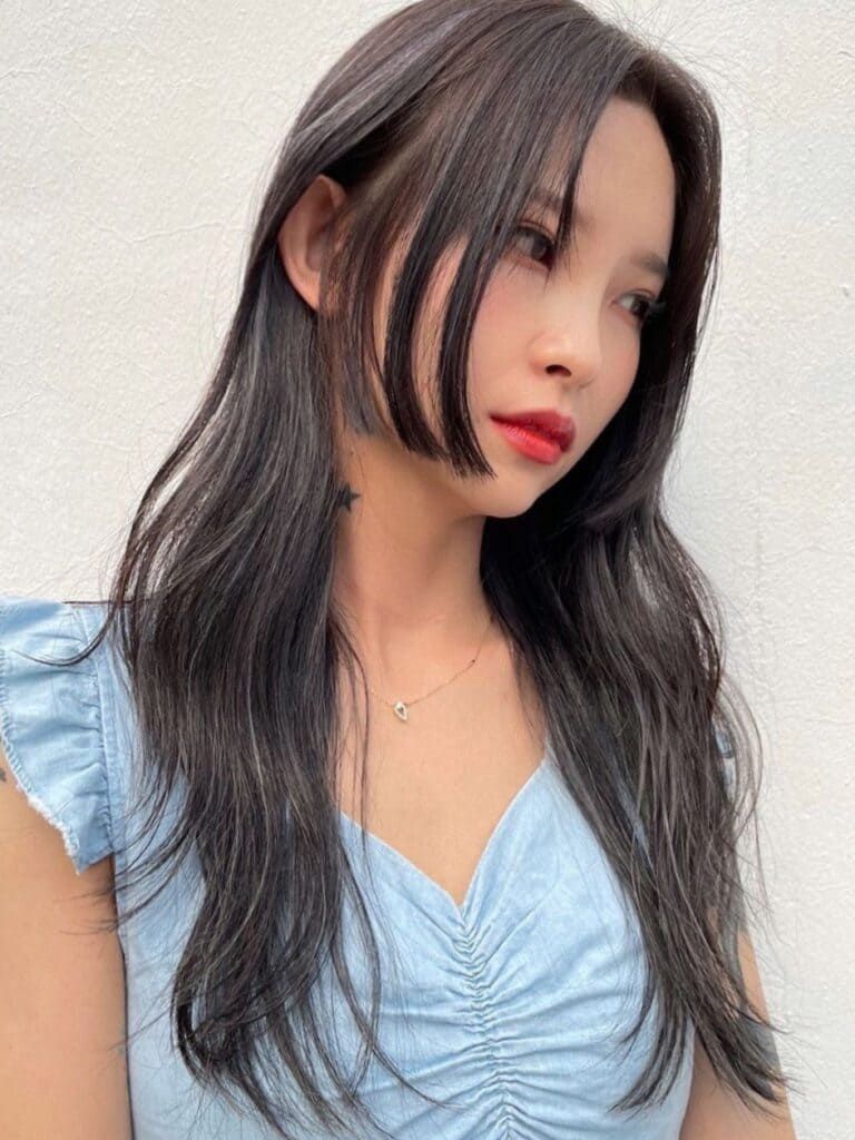 Dark Brown Hime Cut With Subtle Grey Highlights Dark Brown Hime Cut With Subtle Grey Highlights