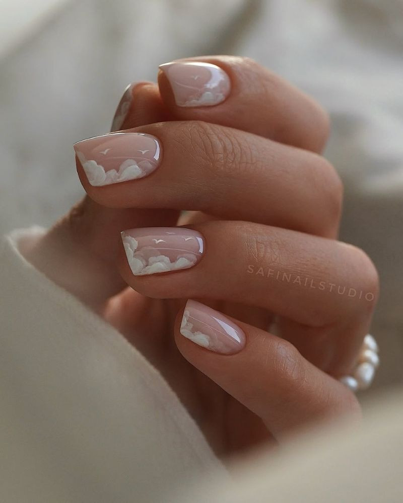 Cloud And Bird Motifs On Accent Nails Visual Idea Cloud And Bird Motifs On Accent Nails Visual Idea — Nails for Short Nail Beds