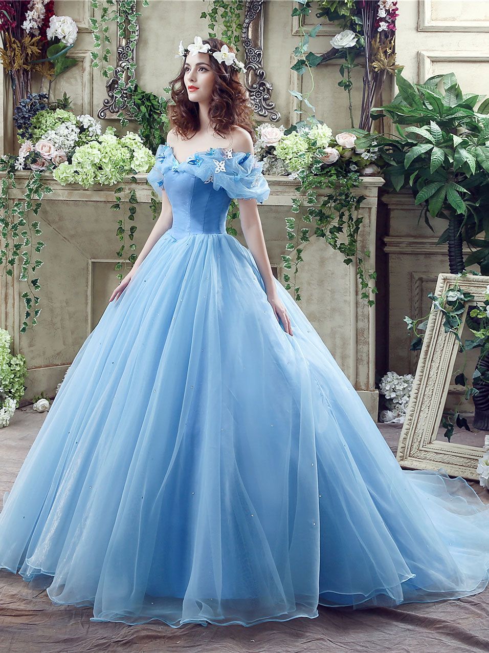 Fairytale Sky Blue Tulle Ballgown with Floral Appliques — Sweet 16 Dresses