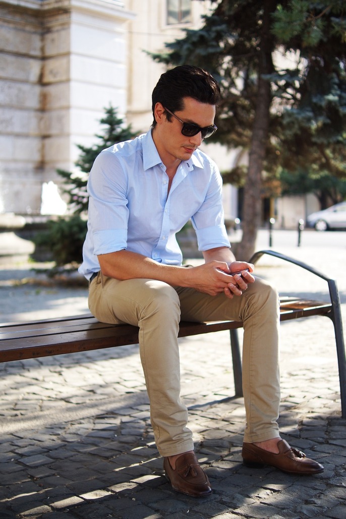 Light Blue Shirt with Khaki Chinos and Loafers Light Blue Shirt with Khaki Chinos and Loafers — Mens Business Casual Outfits