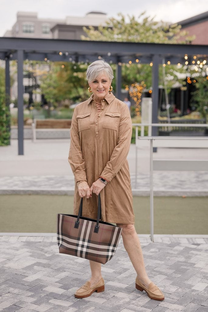 Tan Shirt Dress with Plaid Tote and Leather Loafers — Loafers with Dress Outfits