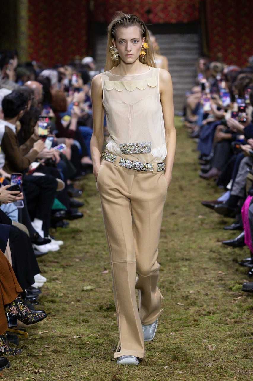Miu Miu Sheer Top and Wide-Leg Trousers with Bejeweled Belt — Miu Miu Outfits