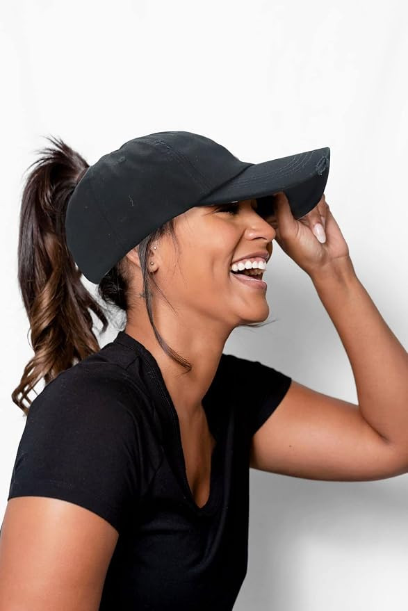 Collarbone Messy Bun with Caramel Highlights Collarbone Messy Bun with Caramel Highlights — Baseball Cap Hairstyles