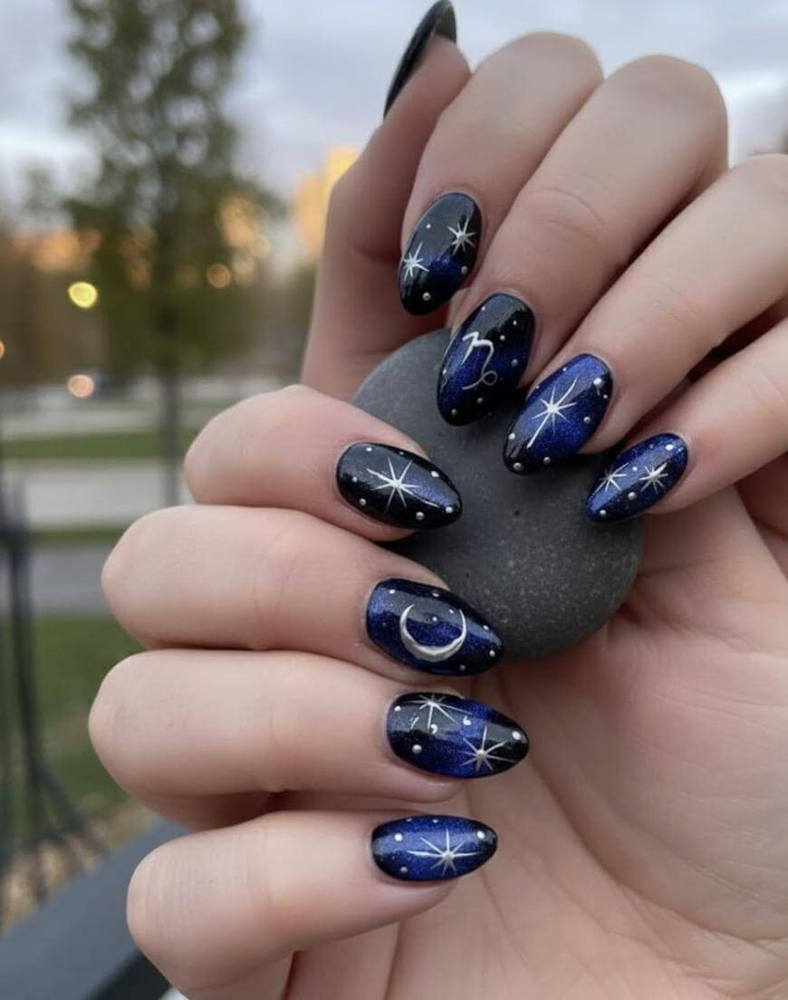 Moon And Stars Motifs On All Nails Visual Idea Moon And Stars Motifs On All Nails Visual Idea — Moon and Stars Nails