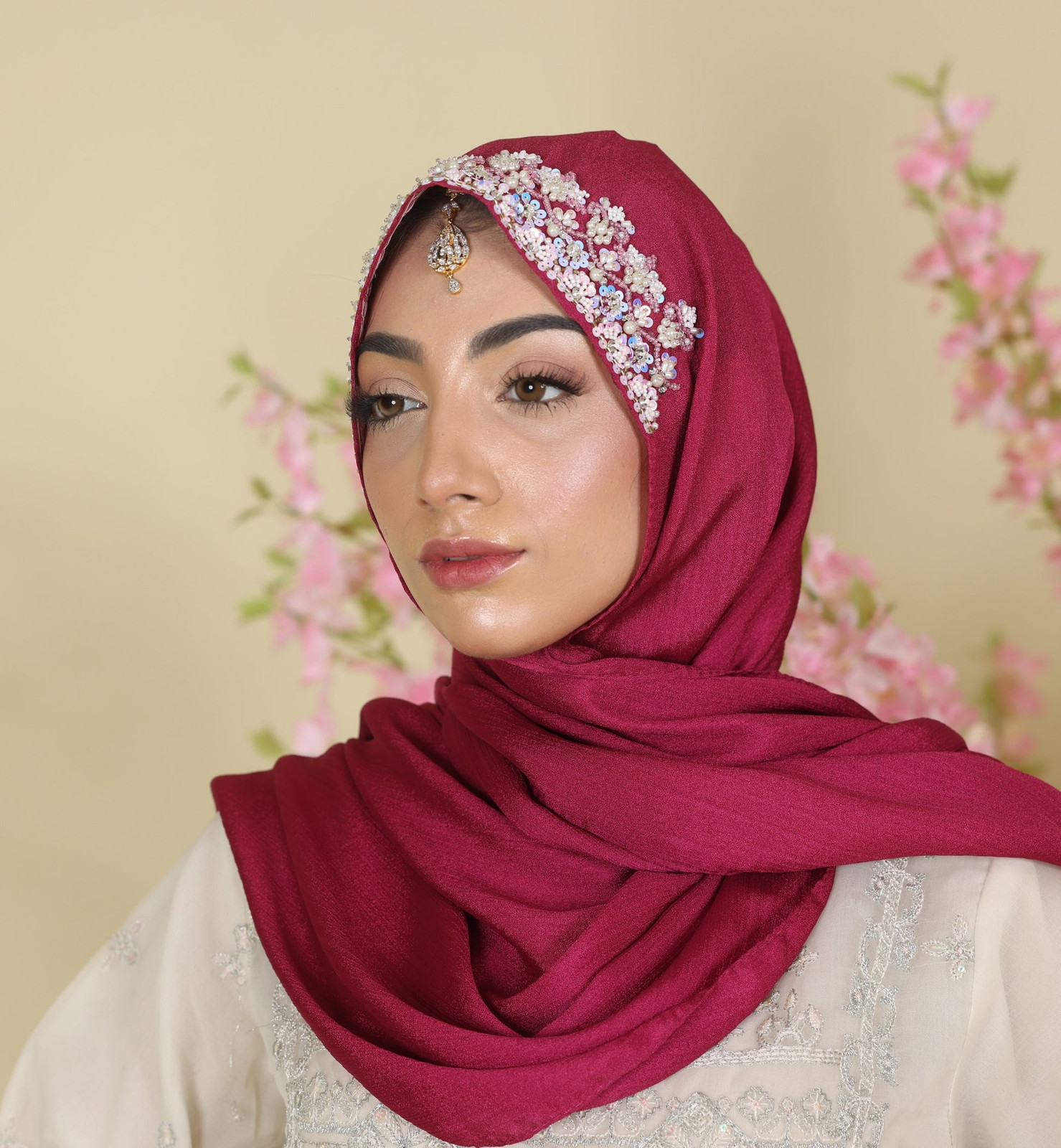 Burgundy Rhinestone-Adorned Hijab With Cream Top — Formal Hijab Outfits