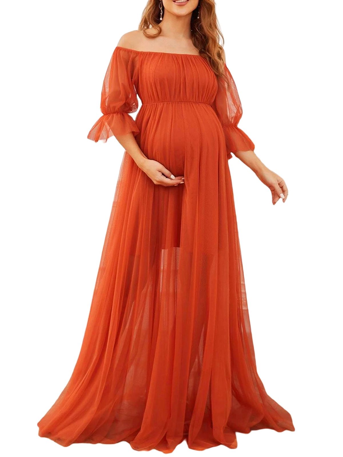 Orange Off-Shoulder Tulle Maternity Gown with Puffy Sleeves Orange Off-Shoulder Tulle Maternity Gown with Puffy Sleeves — Maternity Dresses