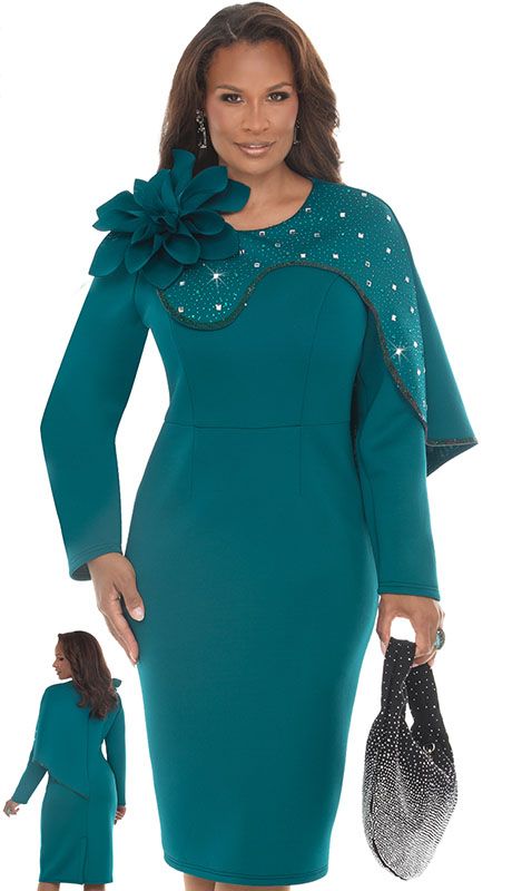 Teal Dress with Rhinestone Flower Shoulder Overlay Teal Dress with Rhinestone Flower Shoulder Overlay — Church Dresses
