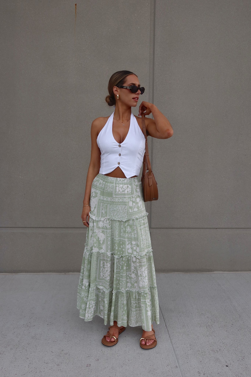 Green Floral Tiered Maxi Skirt with Halter Neck Top Green Floral Tiered Maxi Skirt with Halter Neck Top — Tiered Skirt Outfits