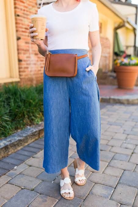 White Flat Sandals Leather Belt Bag with Wide-Leg Culottes — Belt Bag Outfits