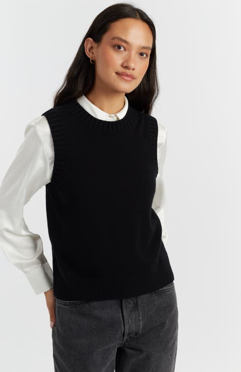 Textural Black Knit Vest Over Satin Shirt for Smart Casual Textural Black Knit Vest Over Satin Shirt for Smart Casual — Vests