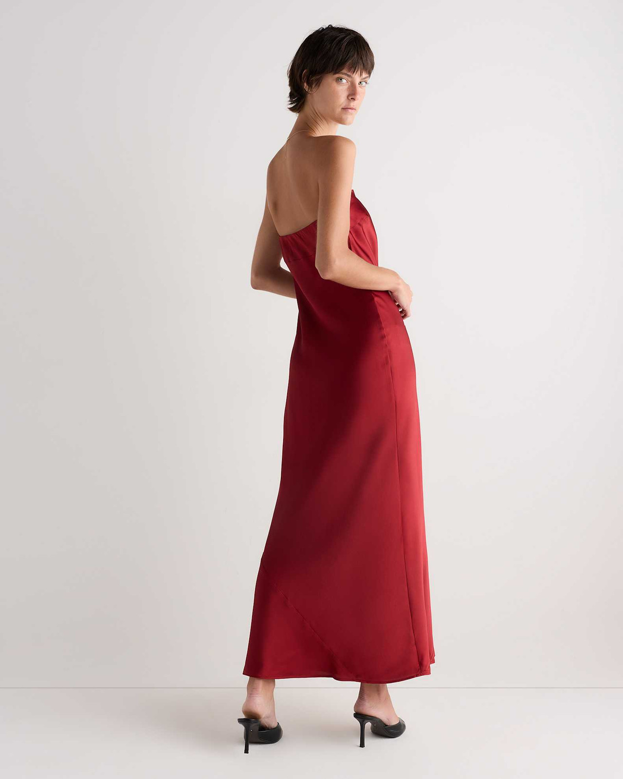 Red Silk Strapless Midi Dress with A-line Silhouette — Strapless Dresses