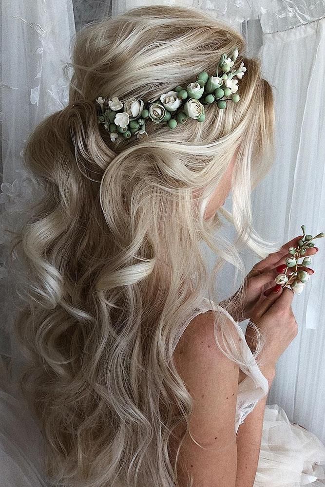 Platinum Blonde Half-Up with Full Floral Crown — Wedding Hairstyles with Flowers