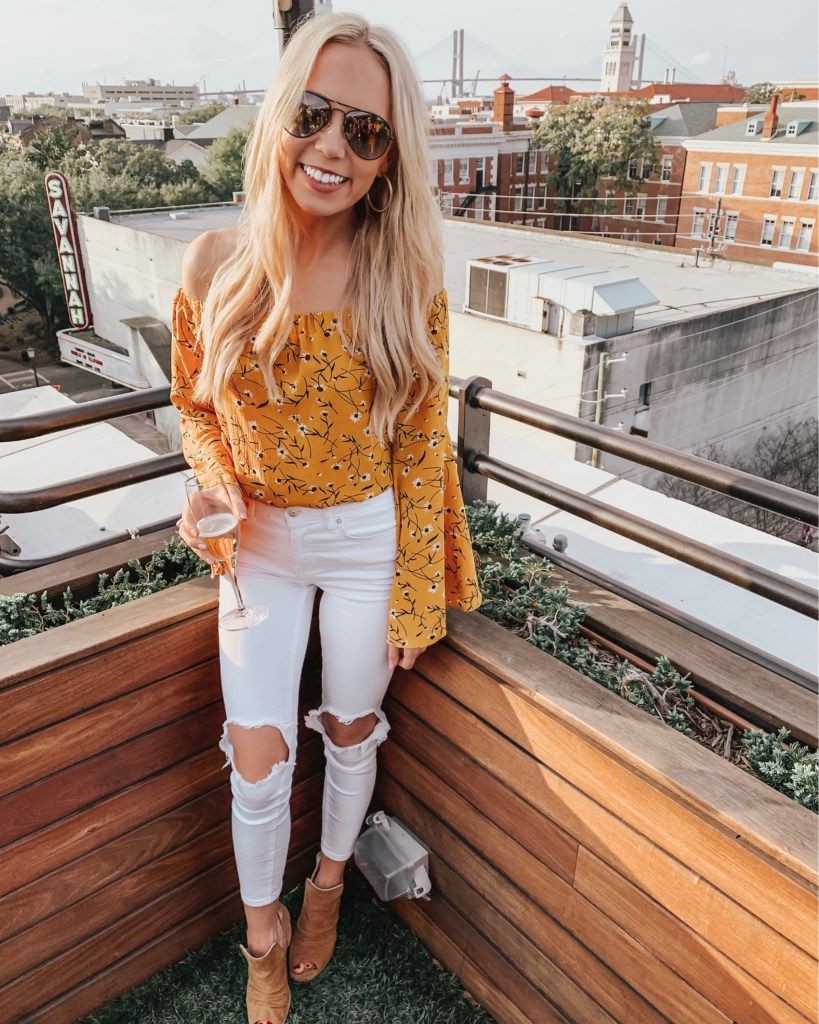 Yellow Floral Off-the-Shoulder Top with Ripped Jeans Yellow Floral Off-the-Shoulder Top with Ripped Jeans — Savannah Outfits