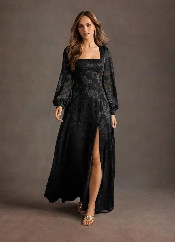 Jacquard Dress with Square Neckline and Voluminous Sleeves — Black Tie Optional Outfits
