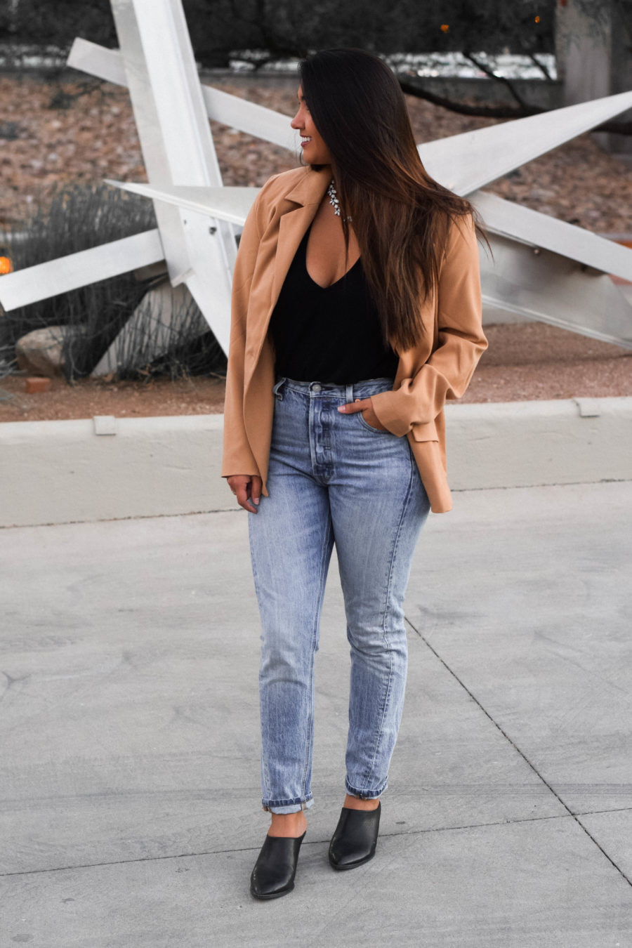Polished Casual: Straight-Leg Jeans and Camel Blazer — Arizona Outfits