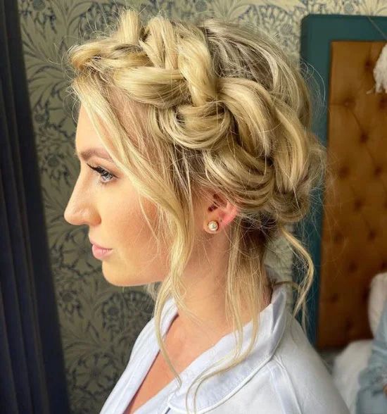 Textured Blonde Updo with Braided Crown — Baby Shower Hairstyles