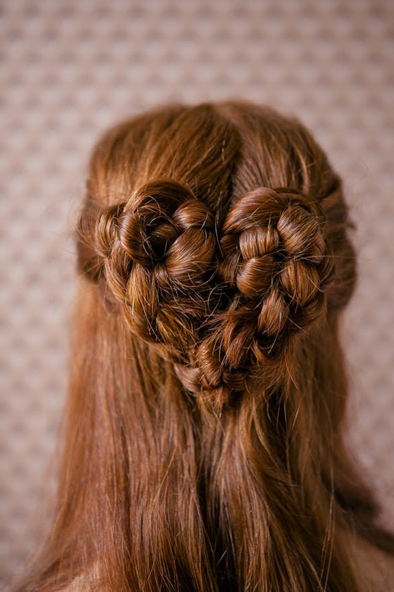Half-Up Heart Braids in Reddish Brown Half-Up Heart Braids in Reddish Brown — Heart Part Braids