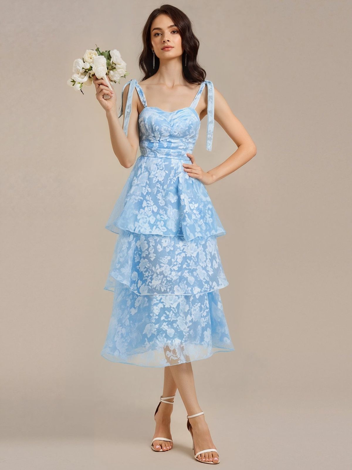 Floral Lace Tiered Midi Dress for Wedding Guests — Tiered Dresses