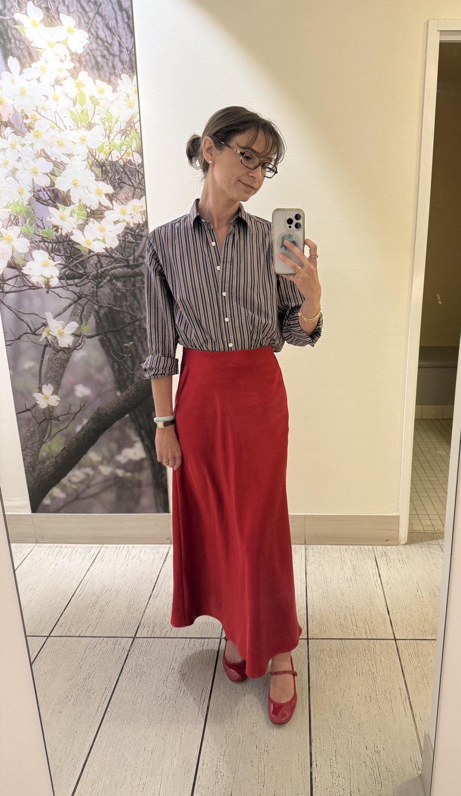 Smart Business Casual: Striped Shirt with Red Satin Midi Skirt — Therapist Outfits