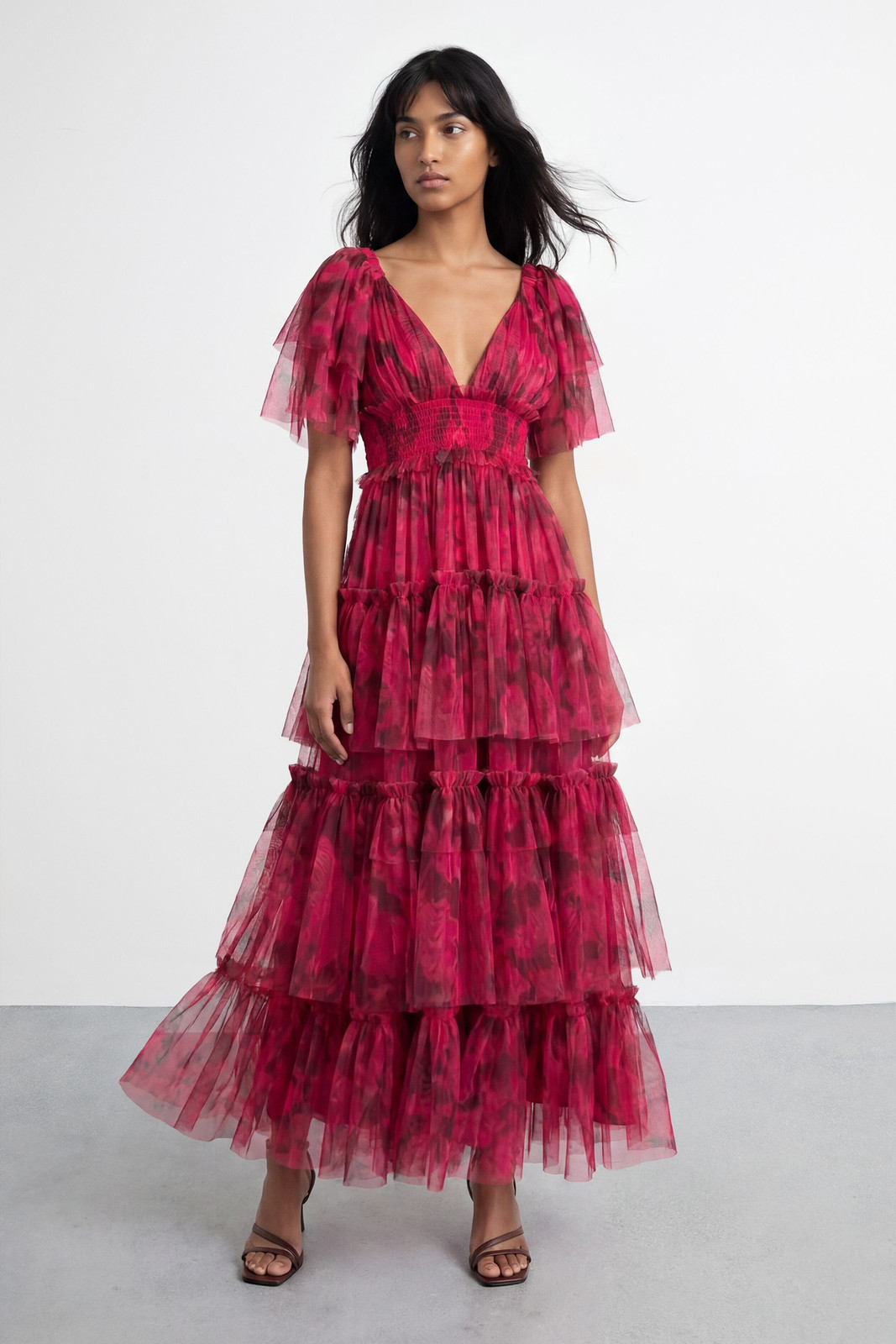 Vibrant Pink Floral Tulle Maxi Dress with Tiered Skirt — Tulle Dresses