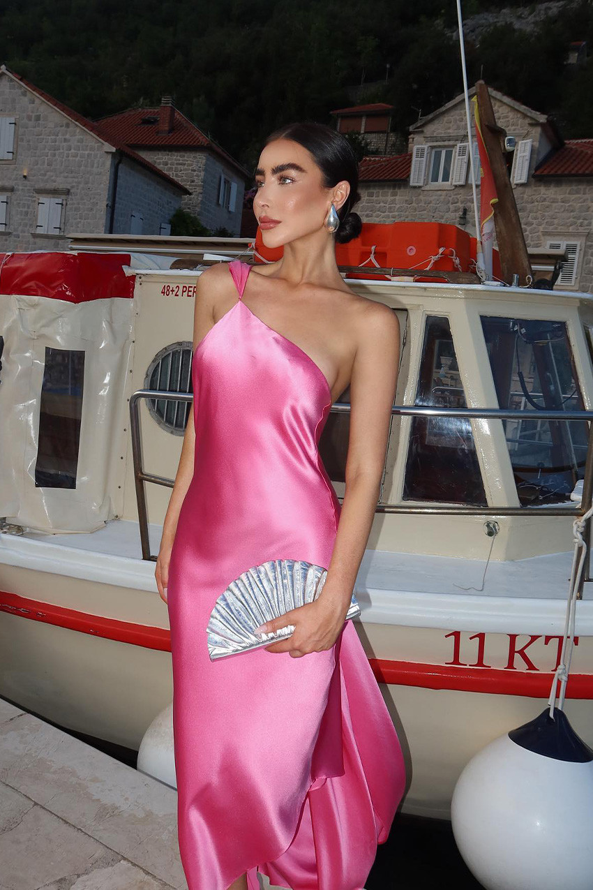 Vibrant Pink Satin One-Shoulder Maxi Dress with Draping Vibrant Pink Satin One-Shoulder Maxi Dress with Draping — Cocktail Attire Outfits