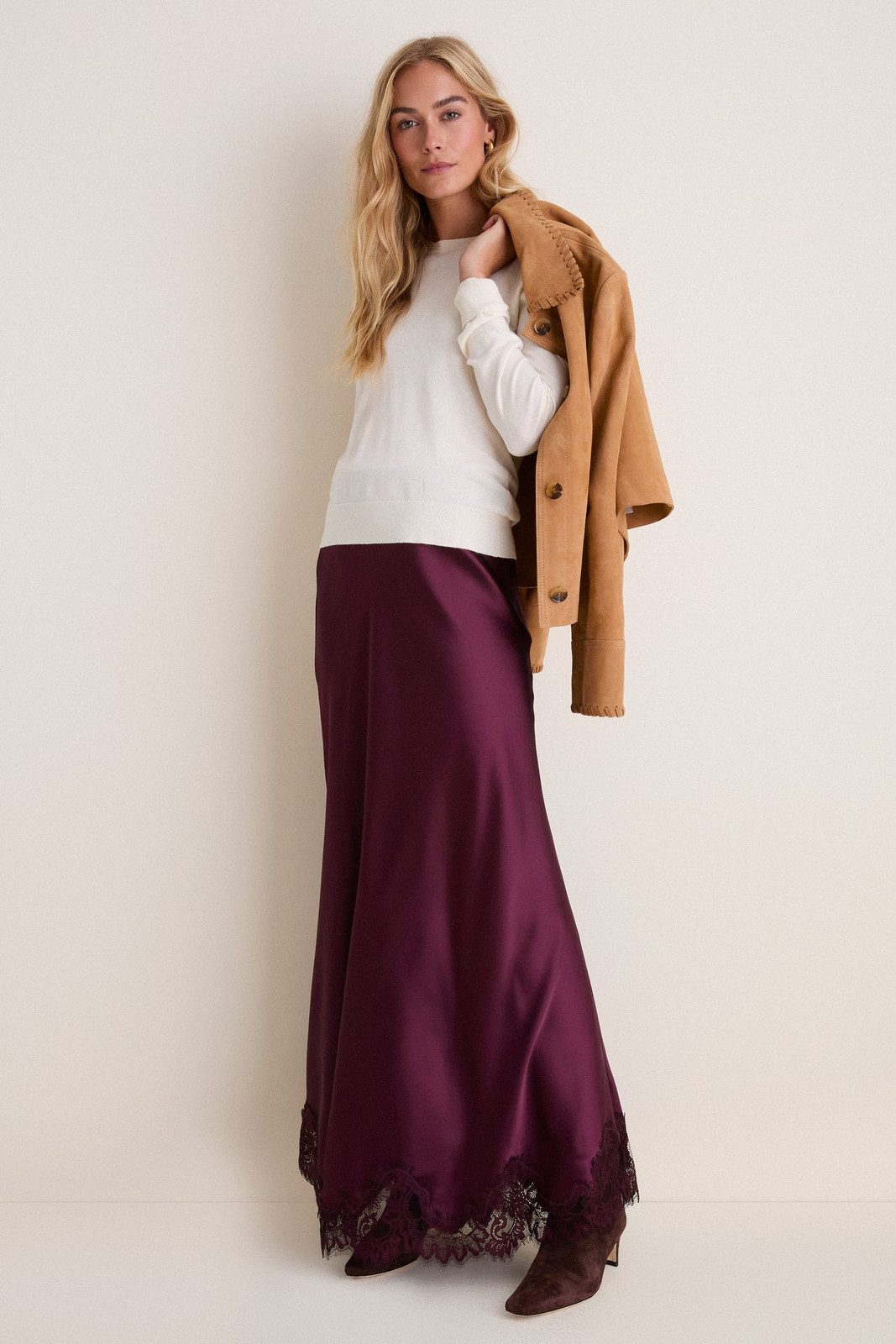 Plum Satin Maxi Skirt with Suede Accents for Fall Casual Plum Satin Maxi Skirt with Suede Accents for Fall Casual — Satin Skirts