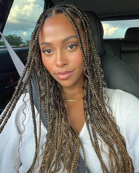 Long Box Braids With Curly Ends — Hairstyles for Big Forehead