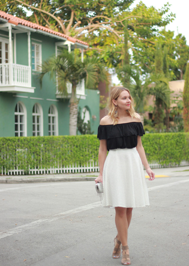 Summer Chic: Black Ruffled Off-the-Shoulder Top with Eyelet Skirt — Off the Shoulder Top Outfits