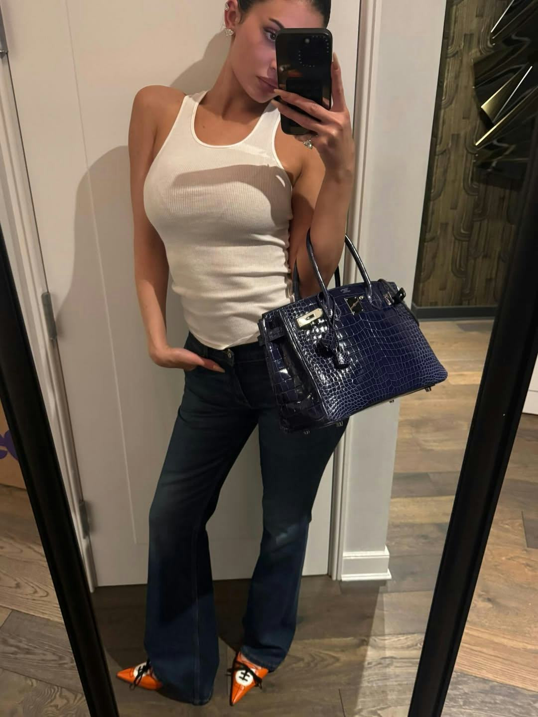 Ribbed Tank and Flared Jeans with Statement Heels — Basketball Game Outfits