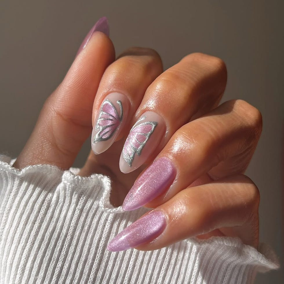 Shimmer Pink Butterfly Stiletto Nails — Festival Nails
