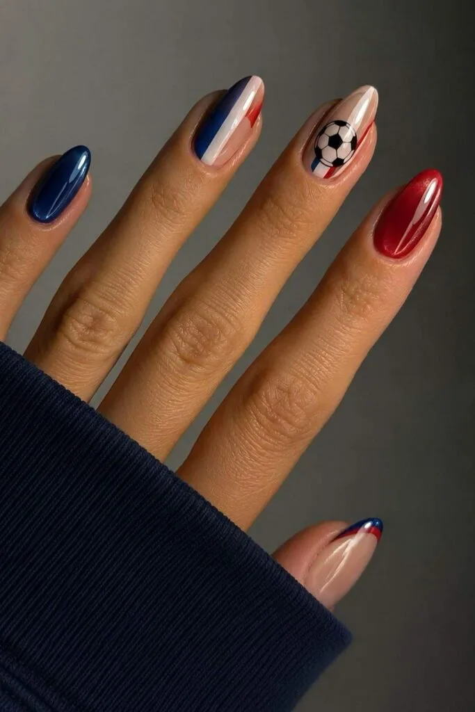 Navy and Stripe French Tips with Soccer Ball Navy and Stripe French Tips with Soccer Ball — Soccer Nails