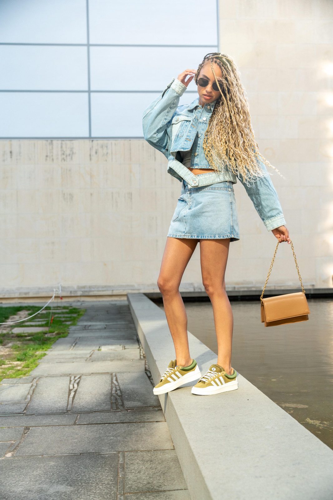 Denim Co-ord: Olive Green Adidas Campus with Light Wash Set Denim Co-ord: Olive Green Adidas Campus with Light Wash Set — Adidas Campus Outfits