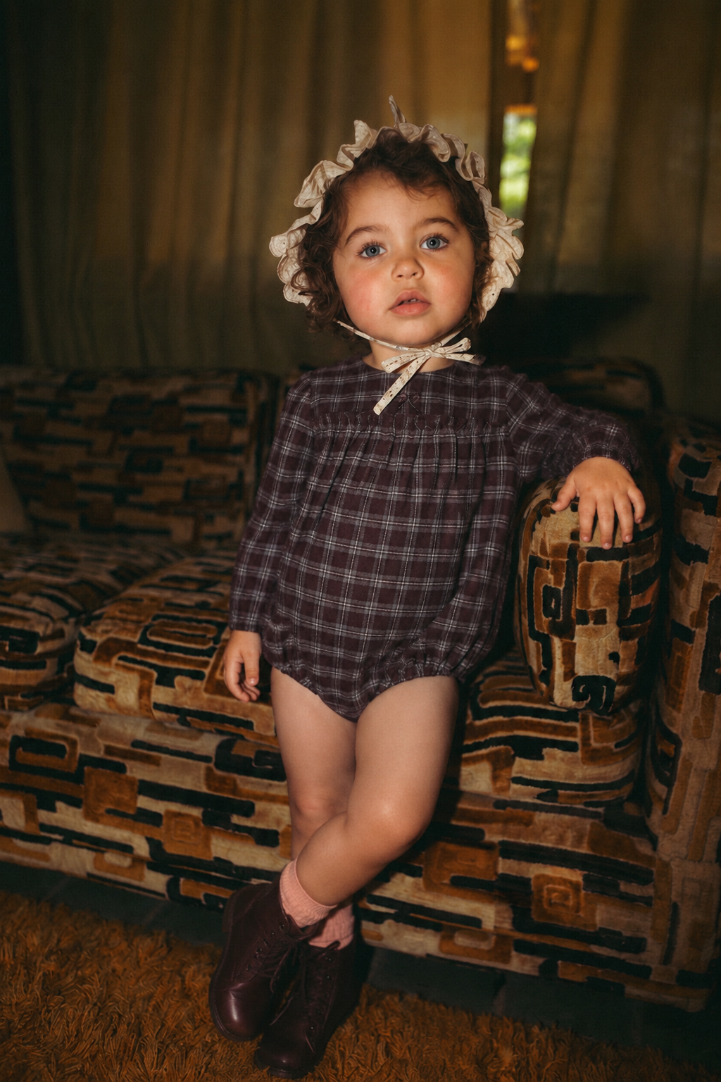 Burgundy Plaid Romper with White Lace Bonnet Burgundy Plaid Romper with White Lace Bonnet — Toddler Girl Outfits