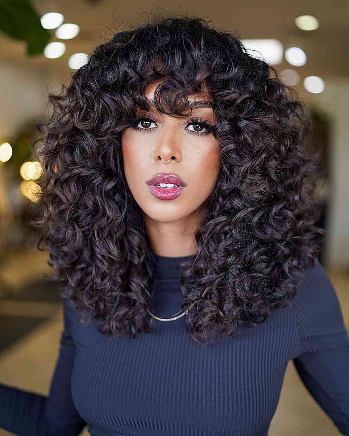 Mid-Back Dark Brown Curly Hair With Full Bangs — Natural Hair with Bangs