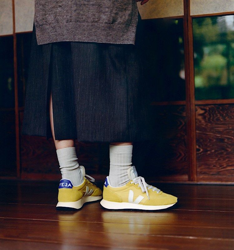 Pop of Color: Yellow Veja Sneakers with a Pleated Skirt — Veja Outfits