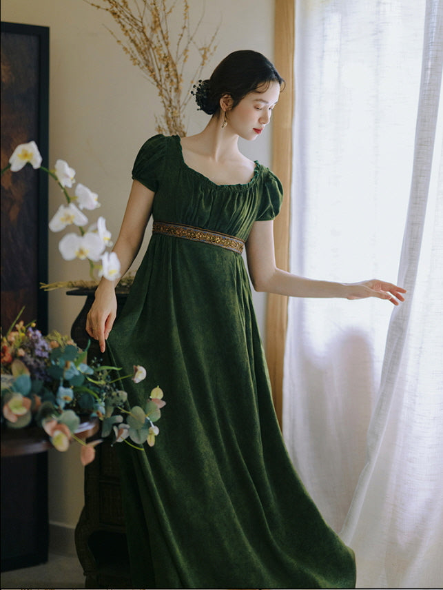Garden Party Casual Event Dark Green Velvet Empire Waist Dress with Gold Waistband — Princesscore Outfits