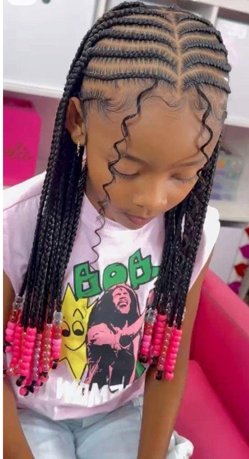 Intricate Cornrows with Baby Hairs and Pink Beads — Kids Braids