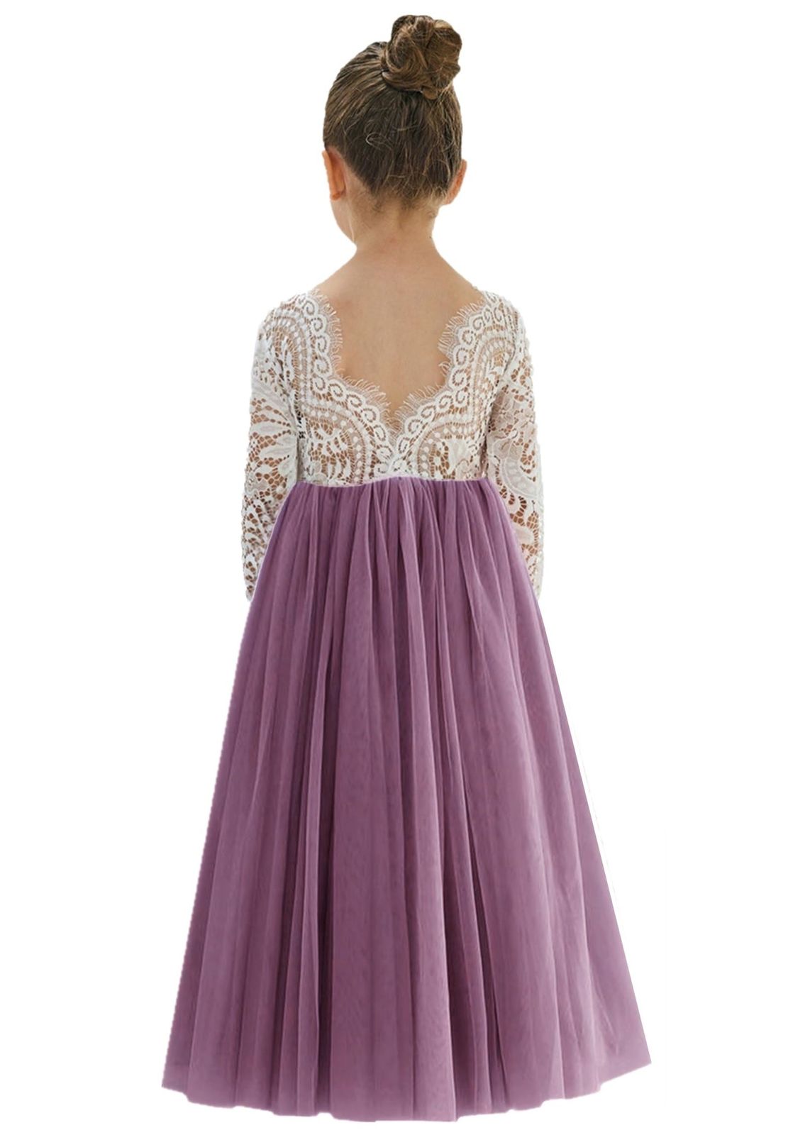 Mauve Maxi Dress with Long Lace Sleeves and Flowing Tulle Mauve Maxi Dress with Long Lace Sleeves and Flowing Tulle — Flower Girl Dresses