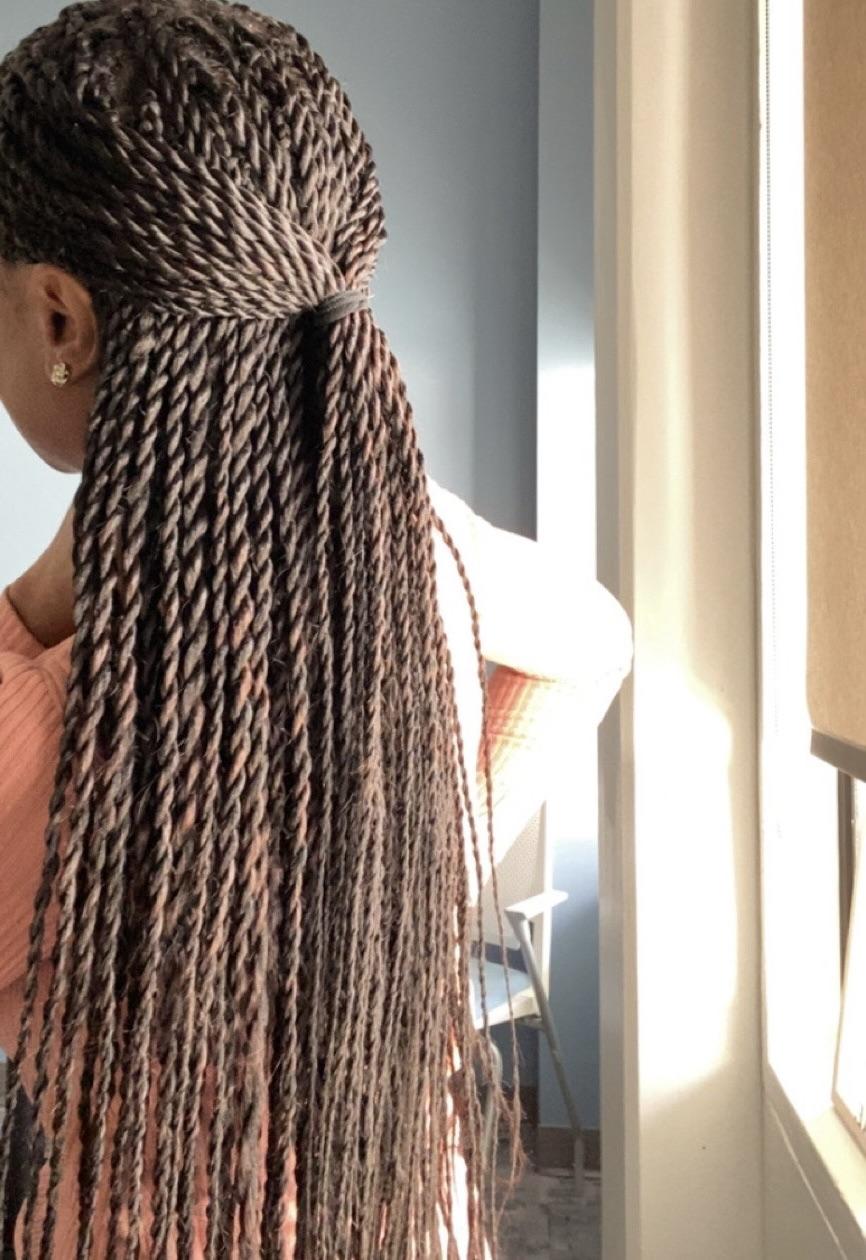 Dark Brown Twists Low Ponytail — Senegalese Twists