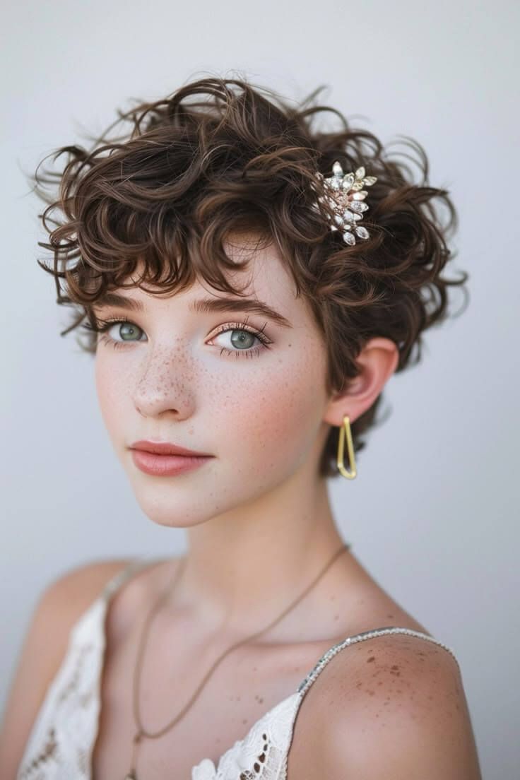 Dark Brown Curly Pixie Crop with Accessory Dark Brown Curly Pixie Crop with Accessory — Prom Hairstyles for Short Hair