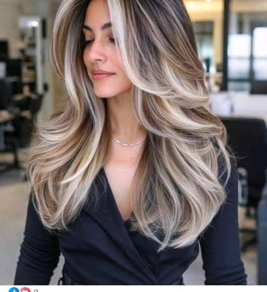 High Contrast Blonde Highlights on Dark Brown Lob High Contrast Blonde Highlights on Dark Brown Lob