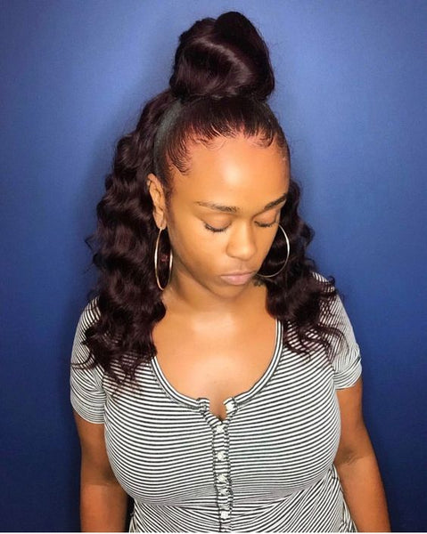 Burgundy Half Up High Bun With Crimped Waves Burgundy Half Up High Bun With Crimped Waves — Half Up Bun