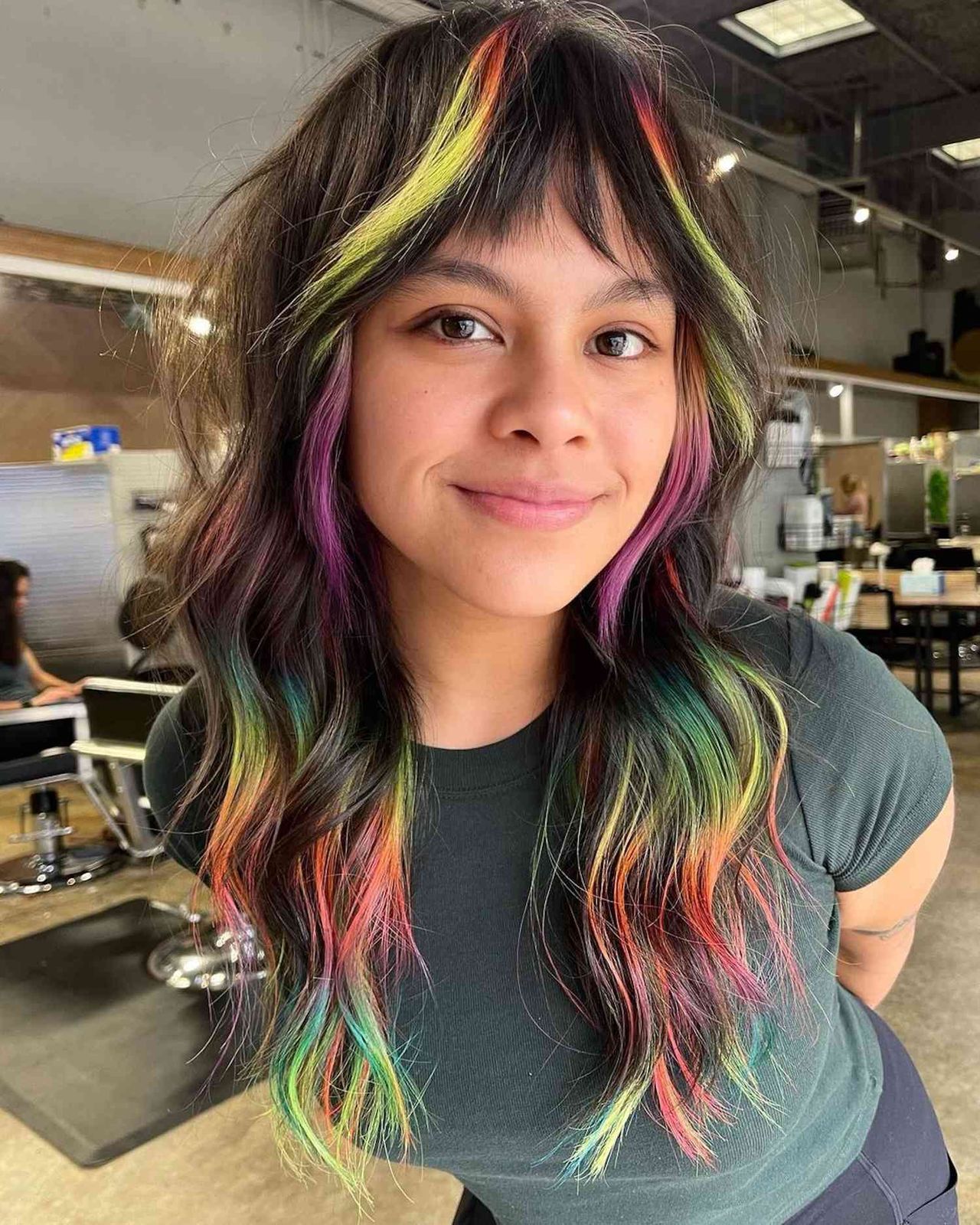 Dark Brown With Rainbow Peekaboo Highlights Dark Brown With Rainbow Peekaboo Highlights — Fun Hair Colors