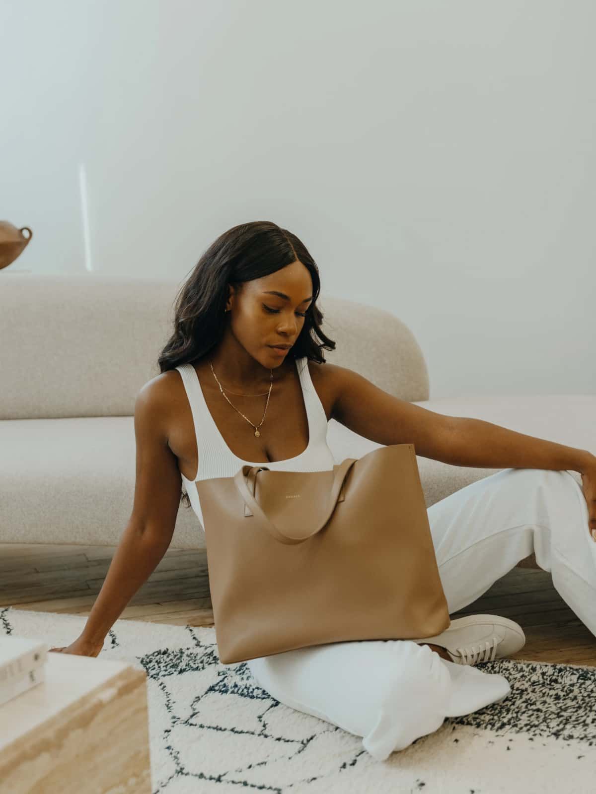 Relaxed Tan Tote with Casual Work Attire Relaxed Tan Tote with Casual Work Attire — Work Bags for Women