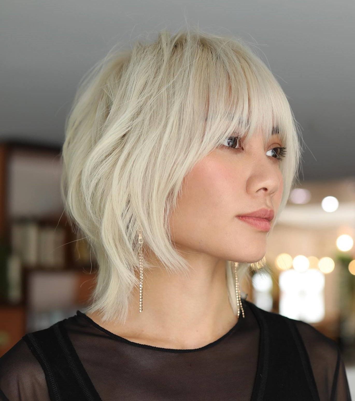 Platinum Wolf Cut With Blunt Bangs — Short Wolf Cut