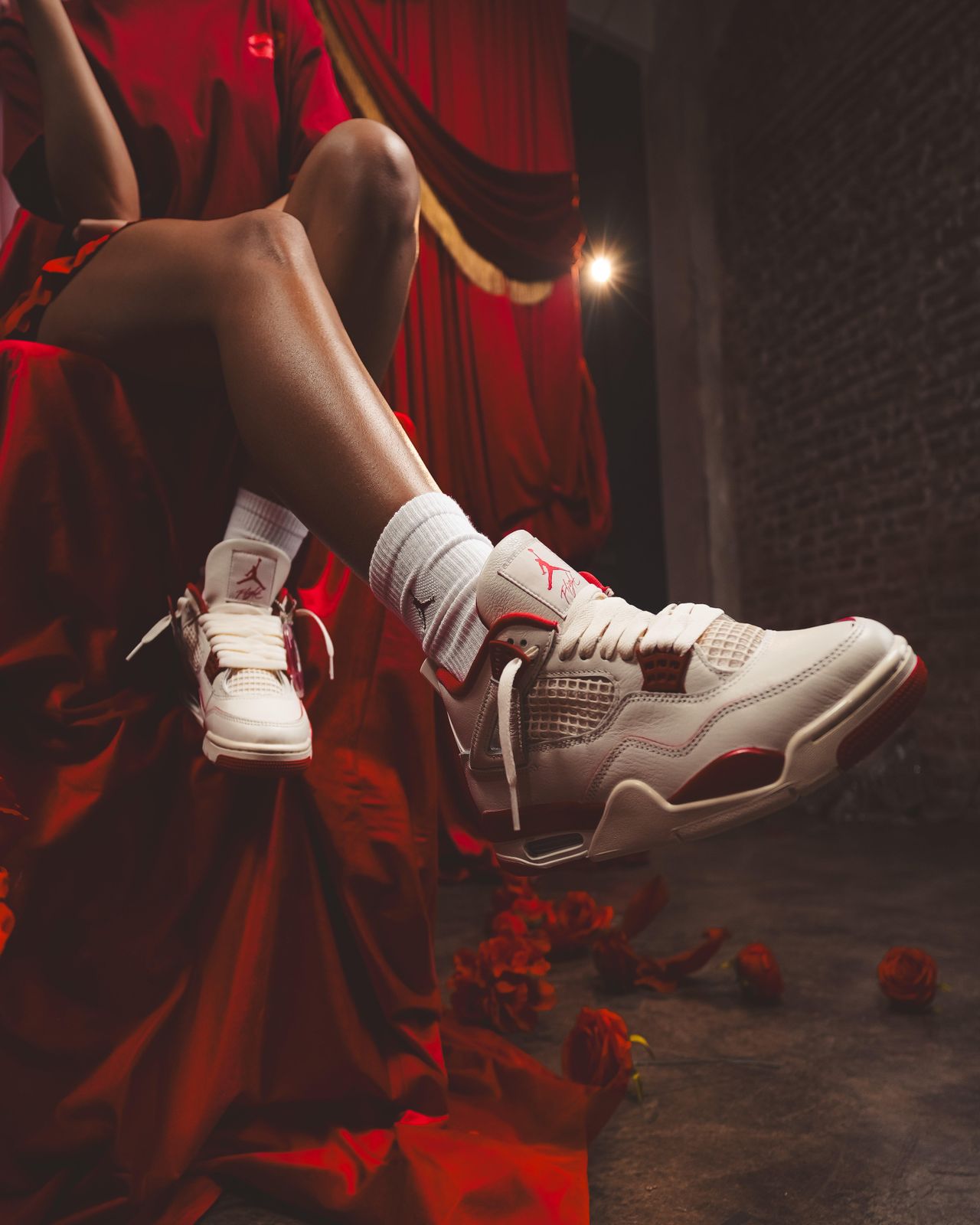 Monochromatic Cool: White and Red Jordan 4s with Red Satin Set Monochromatic Cool: White and Red Jordan 4s with Red Satin Set — Jordan 4 Outfits