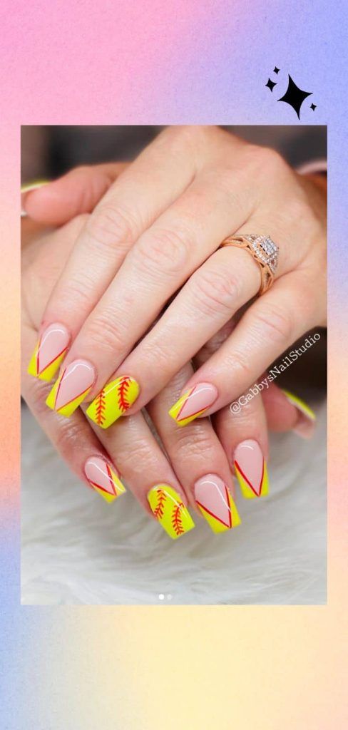 Neon Yellow Softball Angled Lines — Softball Nails
