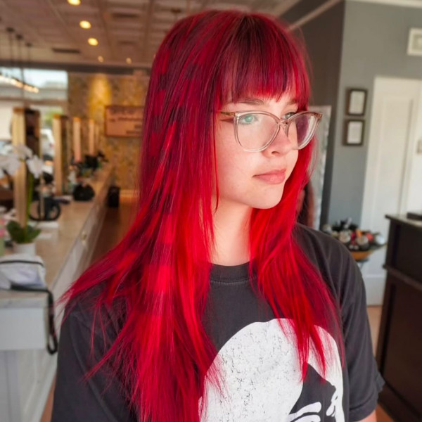Neon Scarlet Red With Blunt Bangs — Bright Red Hair
