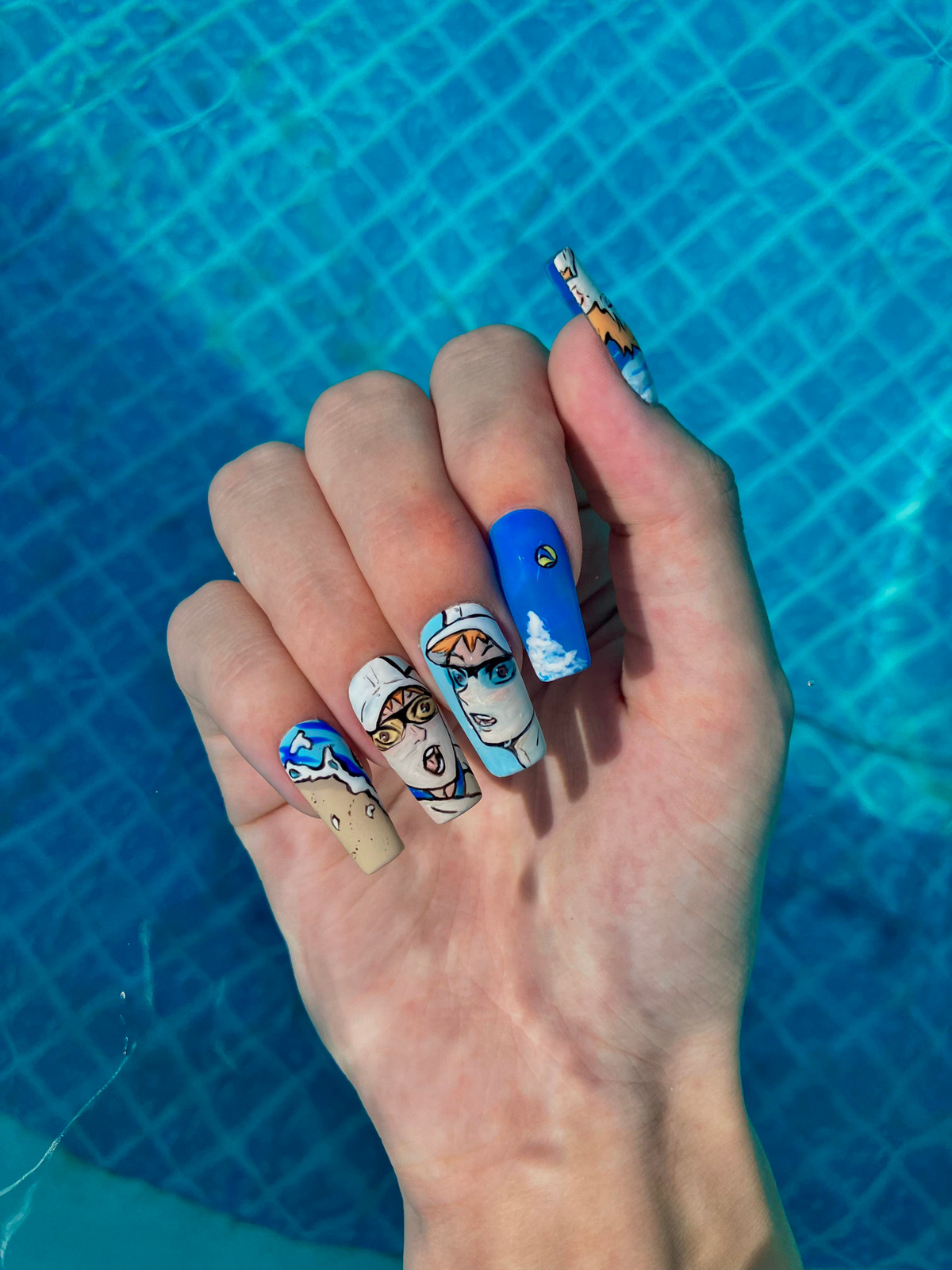 Anime Beach Scene Stiletto Nails Anime Beach Scene Stiletto Nails — Volleyball Nails