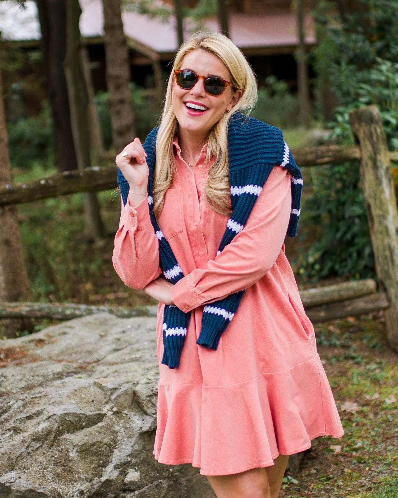 Coral Shirt Dress with Striped Sweater Draped Over Shoulders — Nantucket Outfits
